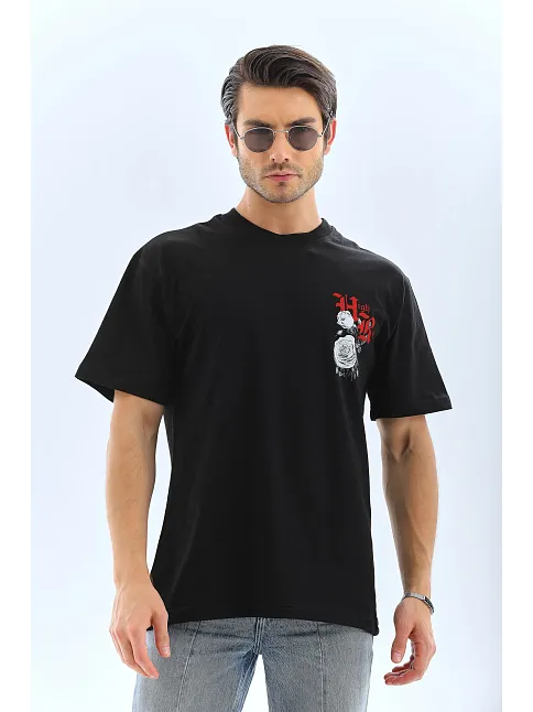 Erkek Baskılı T-shirt Kısa Kol Bisiklet Yaka Rahat Kalıp Tişört  - Siyah