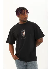 Erkek Baskılı T-shirt Kısa Kol Bisiklet Yaka Regular Fit Rahat Kalıp Günlük Tişört - Siyah