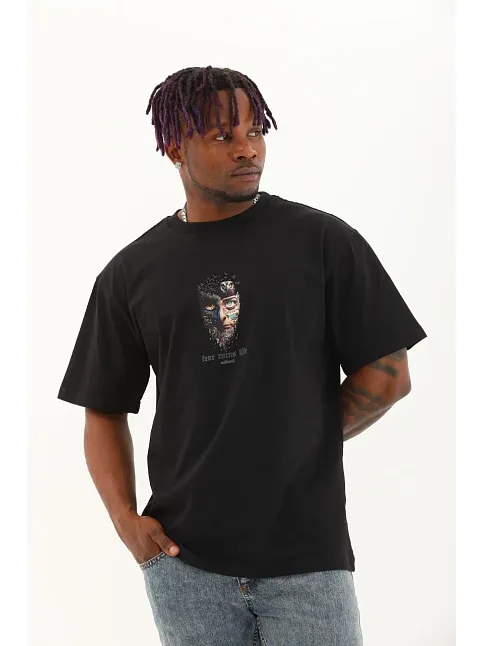 Erkek Baskılı T-shirt Kısa Kol Bisiklet Yaka Regular Fit Rahat Kalıp Günlük Tişört - Siyah