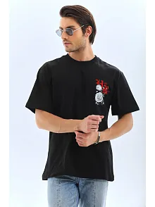 Erkek Baskılı T-shirt Kısa Kol Bisiklet Yaka Rahat Kalıp Tişört  - Siyah