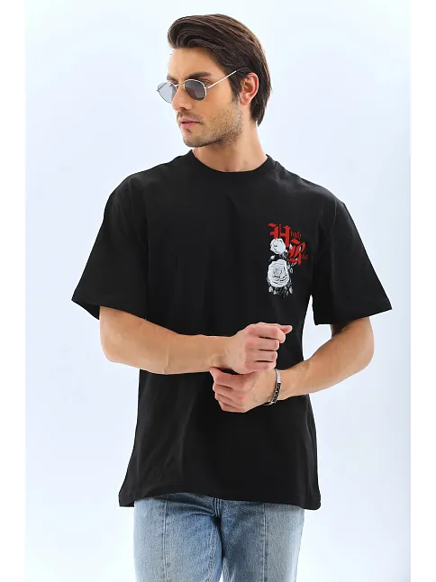 Erkek Baskılı T-shirt Kısa Kol Bisiklet Yaka Rahat Kalıp Tişört  - Siyah