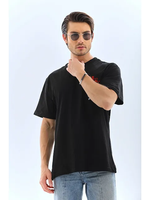 Erkek Baskılı T-shirt Kısa Kol Bisiklet Yaka Rahat Kalıp Tişört  - Siyah