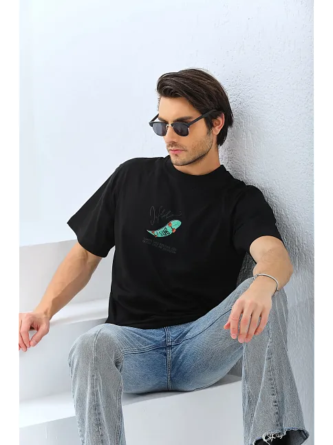 Erkek Kısa Kol Yazlık Tişört Bisiklet Yaka Baskılı Oversize T-shirt - Siyah
