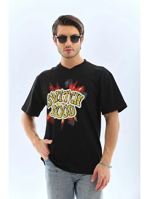 Erkek Kısa Kol Yazlık Tişört Bisiklet Yaka Baskılı Oversize T-shirt - Siyah