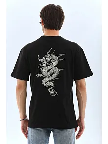 Erkek Kısa Kol Yazlık Tişört Bisiklet Yaka Baskılı Oversize T-shirt - Siyah