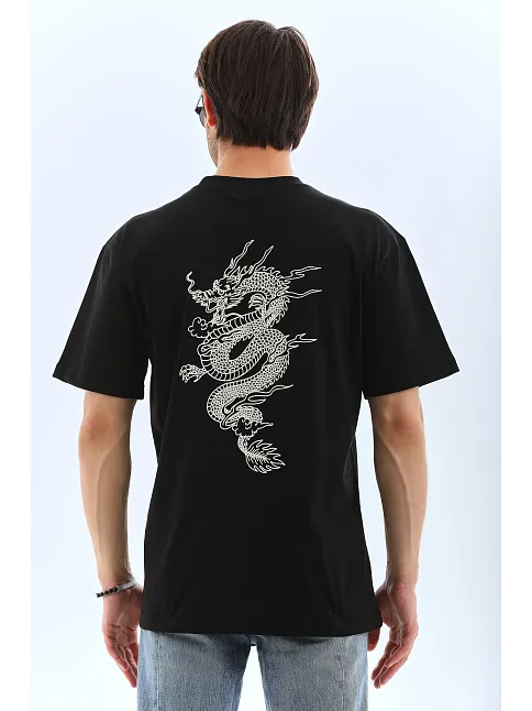 Erkek Kısa Kol Yazlık Tişört Bisiklet Yaka Baskılı Oversize T-shirt - Siyah