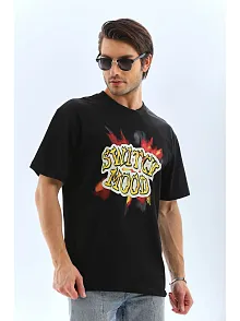 Erkek Kısa Kol Yazlık Tişört Bisiklet Yaka Baskılı Oversize T-shirt - Siyah