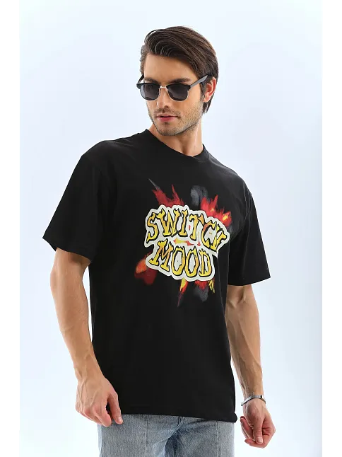 Erkek Kısa Kol Yazlık Tişört Bisiklet Yaka Baskılı Oversize T-shirt - Siyah