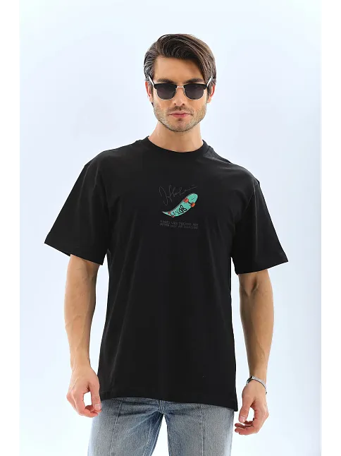 Erkek Kısa Kol Yazlık Tişört Bisiklet Yaka Baskılı Oversize T-shirt - Siyah