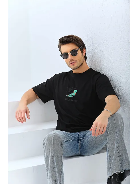 Erkek Kısa Kol Yazlık Tişört Bisiklet Yaka Baskılı Oversize T-shirt - Siyah