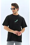 Erkek Kısa Kol Yazlık Tişört Bisiklet Yaka Baskılı Oversize T-shirt - Siyah