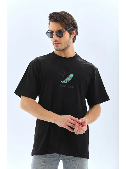 Erkek Kısa Kol Yazlık Tişört Bisiklet Yaka Baskılı Oversize T-shirt - Siyah