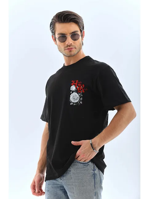 Erkek Baskılı T-shirt Kısa Kol Bisiklet Yaka Rahat Kalıp Tişört  - Siyah