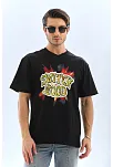 Erkek Kısa Kol Yazlık Tişört Bisiklet Yaka Baskılı Oversize T-shirt - Siyah