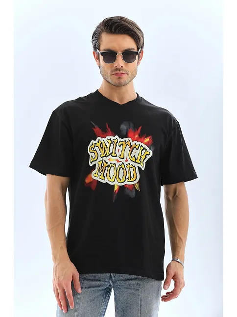 Erkek Kısa Kol Yazlık Tişört Bisiklet Yaka Baskılı Oversize T-shirt - Siyah