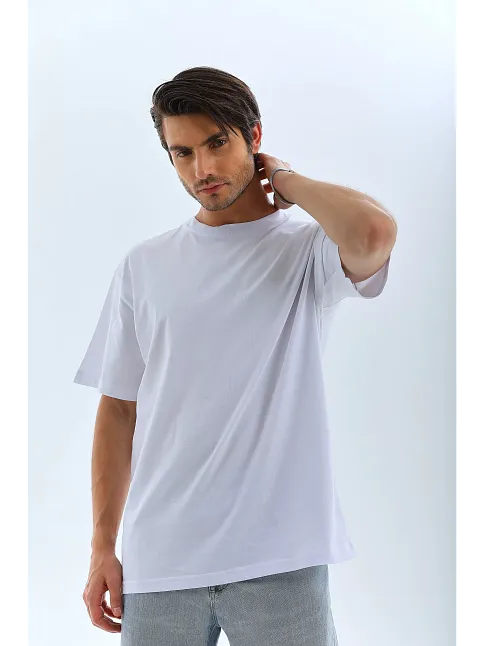 Erkek Düz Yazlık Kısa Kol Tişört Bisiklet Yaka Oversize T-shirt - Beyaz