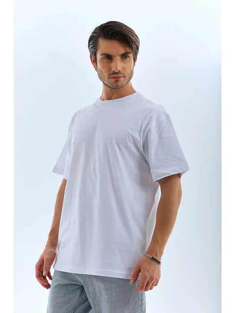 Erkek Düz Yazlık Kısa Kol Tişört Bisiklet Yaka Oversize T-shirt - Beyaz