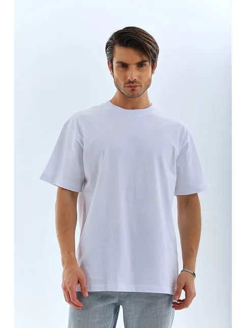 Erkek Düz Yazlık Kısa Kol Tişört Bisiklet Yaka Oversize T-shirt - Beyaz