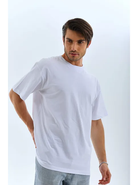 Erkek Düz Yazlık Kısa Kol Tişört Bisiklet Yaka Oversize T-shirt - Beyaz