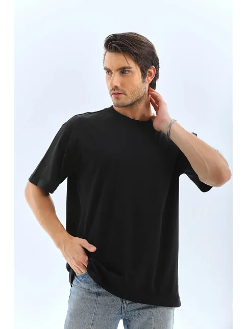 Erkek Düz Yazlık Kısa Kol Tişört Bisiklet Yaka Oversize T-shirt - Siyah