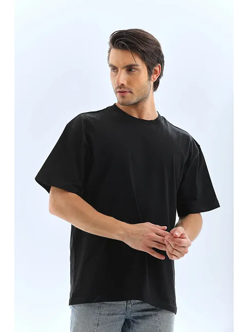 Erkek Düz Yazlık Kısa Kol Tişört Bisiklet Yaka Oversize T-shirt - Siyah