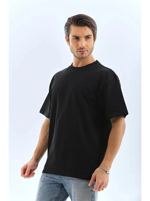 Erkek Düz Yazlık Kısa Kol Tişört Bisiklet Yaka Oversize T-shirt - Siyah