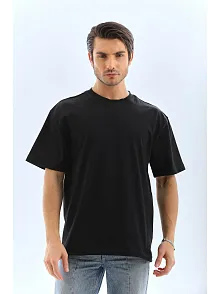 Erkek Düz Yazlık Kısa Kol Tişört Bisiklet Yaka Oversize T-shirt - Siyah