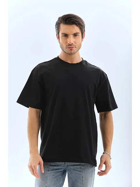 Erkek Düz Yazlık Kısa Kol Tişört Bisiklet Yaka Oversize T-shirt - Siyah