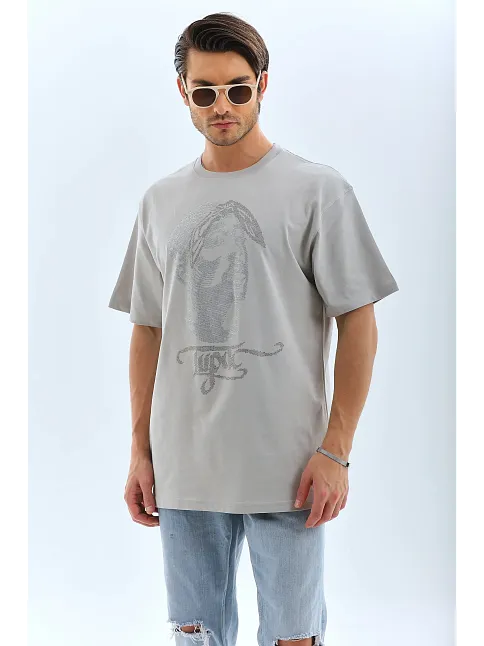 Erkek Tişört Taş Detaylı Bisiklet Yaka  Kısa Kol T-shirt - Gri