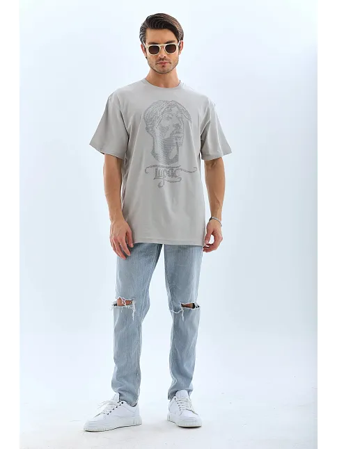 Erkek Tişört Taş Detaylı Bisiklet Yaka  Kısa Kol T-shirt - Gri