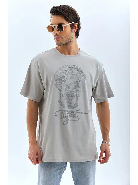 Erkek Tişört Taş Detaylı Bisiklet Yaka  Kısa Kol T-shirt - Gri
