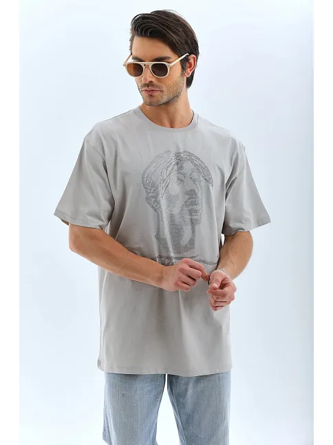 Erkek Tişört Taş Detaylı Bisiklet Yaka  Kısa Kol T-shirt - Gri