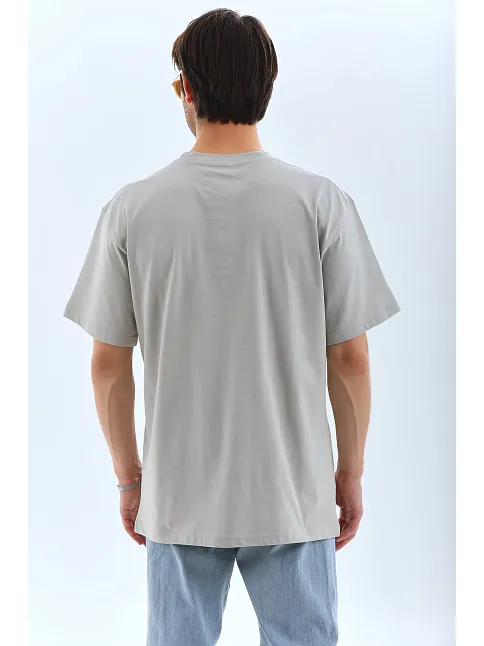 Erkek Tişört Taş Detaylı Bisiklet Yaka  Kısa Kol T-shirt - Gri