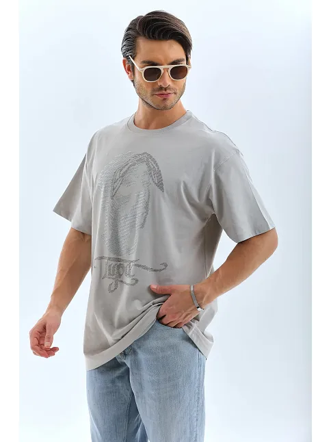 Erkek Tişört Taş Detaylı Bisiklet Yaka  Kısa Kol T-shirt - Gri
