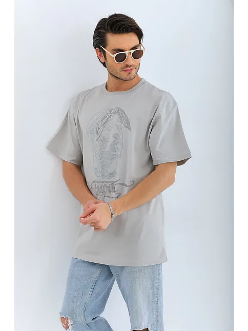 Erkek Tişört Taş Detaylı Bisiklet Yaka  Kısa Kol T-shirt - Gri