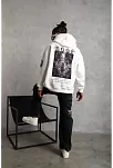 Berkek 3 İplik Pamuklu Kapüşonlu Baskılı Cepli Oversize Sweatshirt Hoodie - Eyaz
