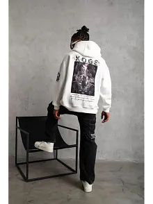 Berkek 3 İplik Pamuklu Kapüşonlu Baskılı Cepli Oversize Sweatshirt Hoodie - Eyaz