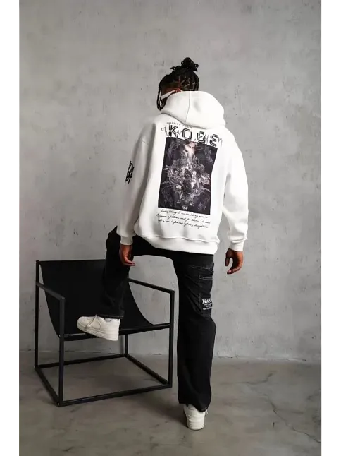 Berkek 3 İplik Pamuklu Kapüşonlu Baskılı Cepli Oversize Sweatshirt Hoodie - Eyaz