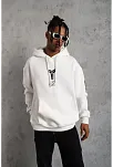 Berkek 3 İplik Pamuklu Kapüşonlu Baskılı Cepli Oversize Sweatshirt Hoodie - Eyaz