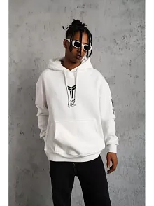 Berkek 3 İplik Pamuklu Kapüşonlu Baskılı Cepli Oversize Sweatshirt Hoodie - Eyaz