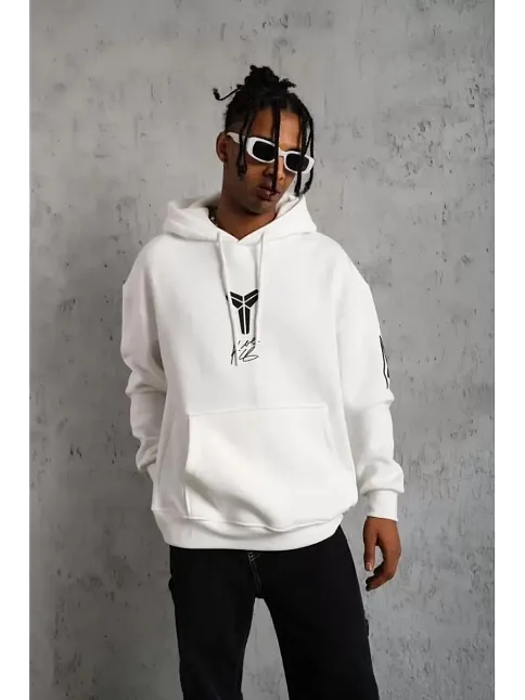 Berkek 3 İplik Pamuklu Kapüşonlu Baskılı Cepli Oversize Sweatshirt Hoodie - Eyaz