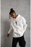 Berkek 3 İplik Pamuklu Kapüşonlu Baskılı Cepli Oversize Sweatshirt Hoodie - Eyaz