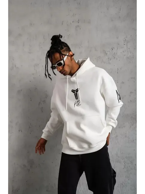 Berkek 3 İplik Pamuklu Kapüşonlu Baskılı Cepli Oversize Sweatshirt Hoodie - Eyaz
