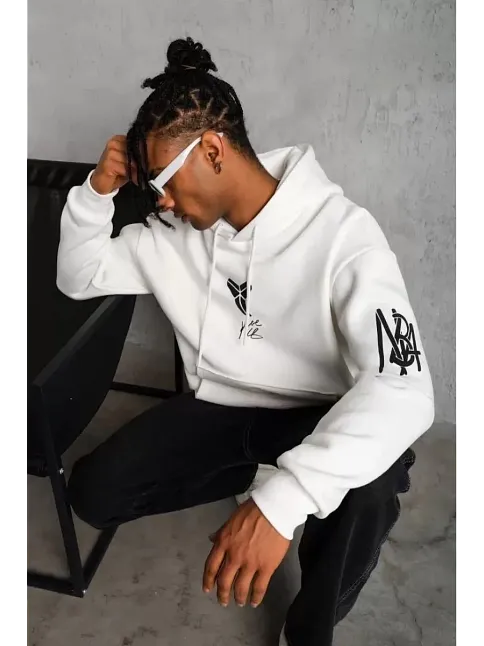 Berkek 3 İplik Pamuklu Kapüşonlu Baskılı Cepli Oversize Sweatshirt Hoodie - Eyaz