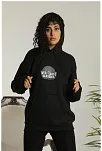Kadın Oversize Kapüşonlu Cepli Baskılı 3 İplik Pamuklu Hoodie Sweatshirt - Siyah