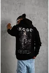 Erkek 3 İplik Pamuklu Kapüşonlu Kanguru Cepli Baskılı Oversize Hoodie Sweatshirt - Siyah