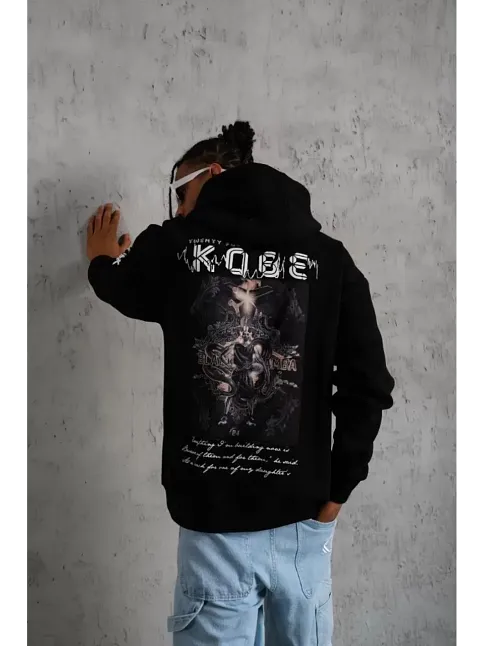 Erkek 3 İplik Pamuklu Kapüşonlu Kanguru Cepli Baskılı Oversize Hoodie Sweatshirt - Siyah