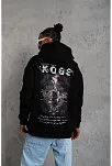 Erkek 3 İplik Pamuklu Kapüşonlu Kanguru Cepli Baskılı Oversize Hoodie Sweatshirt - Siyah