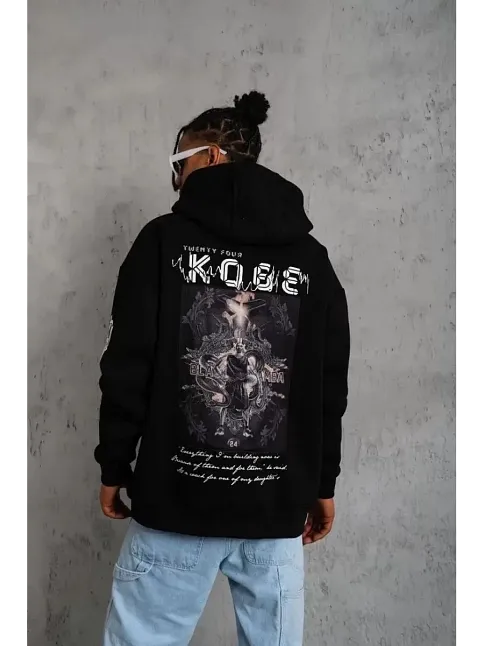Erkek 3 İplik Pamuklu Kapüşonlu Kanguru Cepli Baskılı Oversize Hoodie Sweatshirt - Siyah