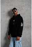 Erkek 3 İplik Pamuklu Kapüşonlu Kanguru Cepli Baskılı Oversize Hoodie Sweatshirt - Siyah